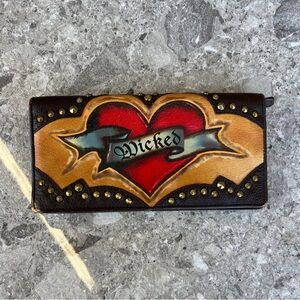 Isabella Fiore Wicked Heart Studded Brown Graphic Leather Wallet Y2K Retro Biker